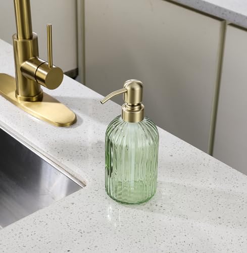 Leetcp 16Oz Green Glass Soap Dispenser with Rust Proof Stainless Steel Pump, Green Stripe Bathroom Hand Dish Lotion Dispensers with Brushed Gold Pump,Brushed Gold Glass Soap Dispenser - Image 5