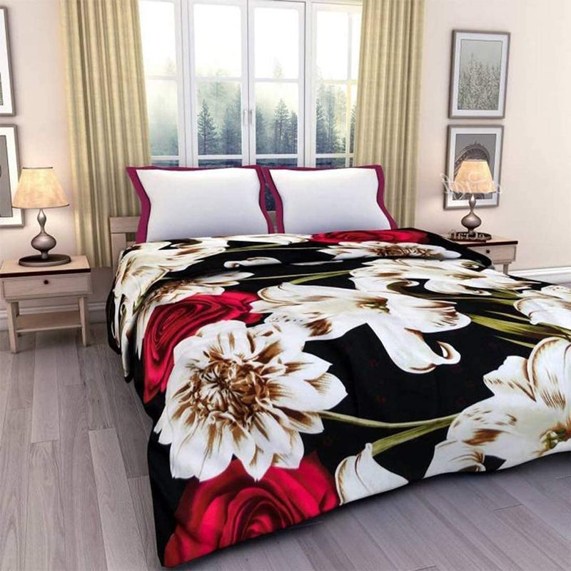 TEEJA Poly Cotton Flower Printed Reversible Double Bed Comforter DoharBlanketQuilt Multicolor Big Blue Double Bed Black Lily KHARGOS Double Bed