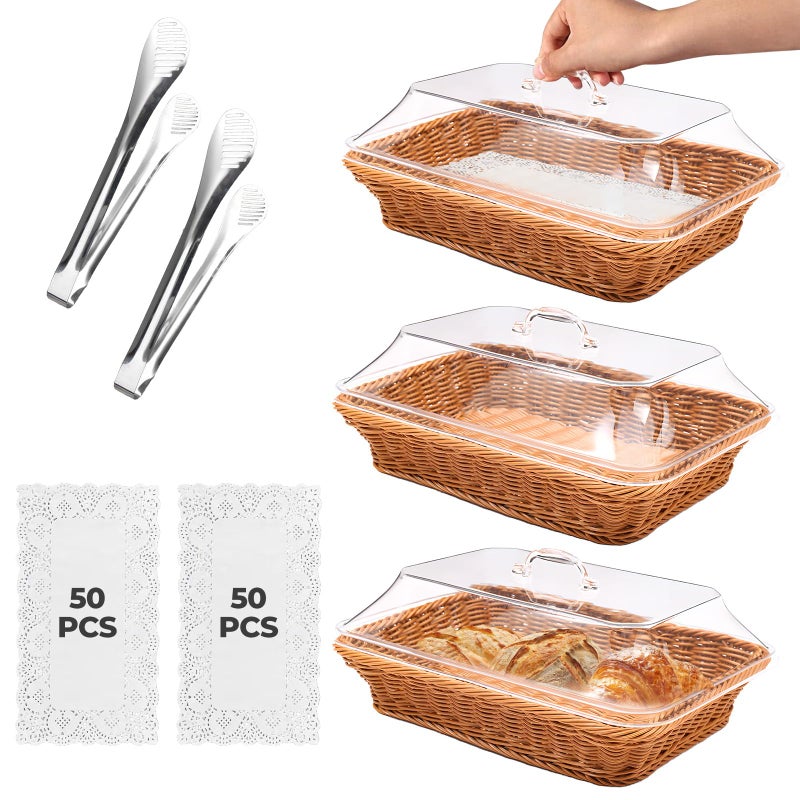Trez Treamer Rattan Bread Baskets, 3 Pack, rectangular Woven Baskets with Acrylic Lids, 13.8 x 9.8 inches, Stainless Steel Tongs, Lace Doilies, for Bread, Fruit, Food Display - Image 1