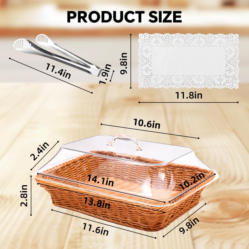 Trez Treamer Rattan Bread Baskets, 3 Pack, rectangular Woven Baskets with Acrylic Lids, 13.8 x 9.8 inches, Stainless Steel Tongs, Lace Doilies, for Bread, Fruit, Food Display - Image 3