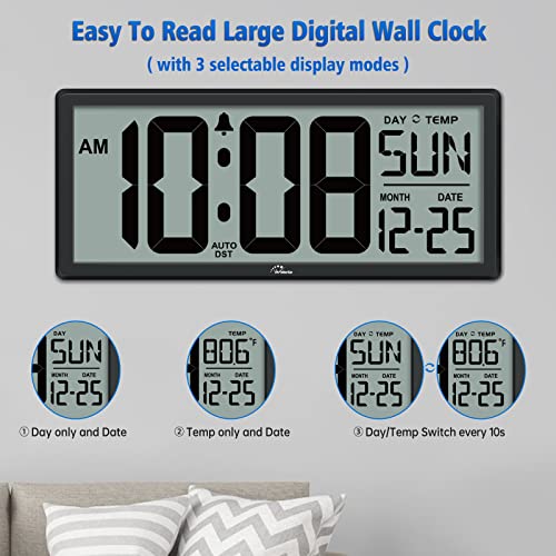 WallarGe 14.5'' Large Digital Wall Clock Battery Operated with Jumbo Numbers, Temperature and Date - Easy to Read and Set, Auto DST - Image 3
