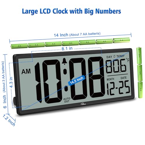 WallarGe 14.5'' Large Digital Wall Clock Battery Operated with Jumbo Numbers, Temperature and Date - Easy to Read and Set, Auto DST - Image 5