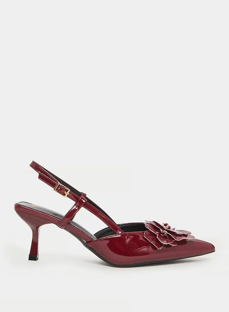 ستايلي Burgundy Slingback Heels with Flower Detail