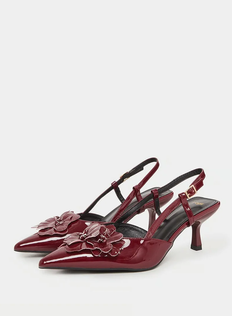 ستايلي Burgundy Slingback Heels with Flower Detail