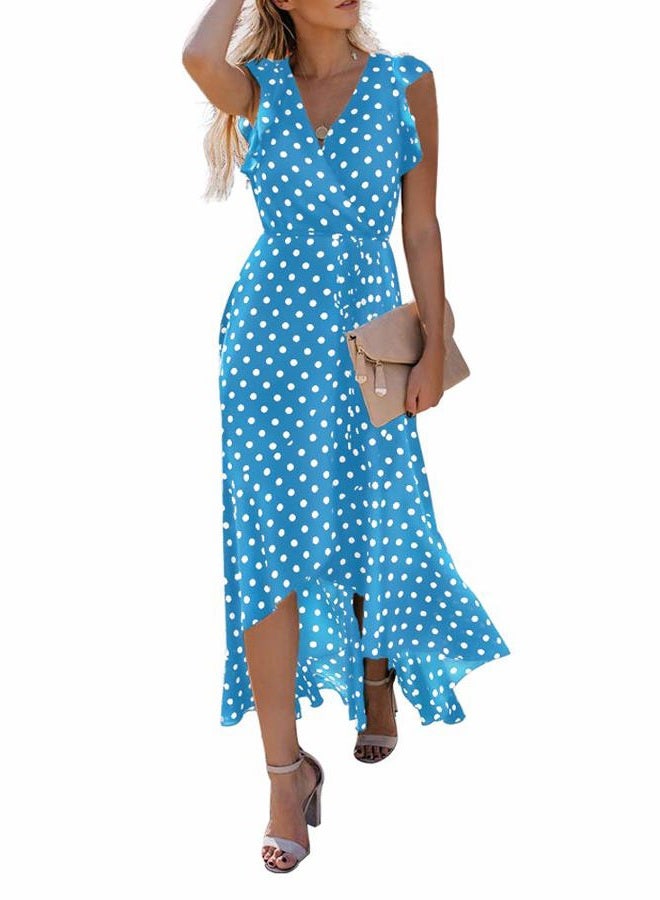 GRECERELLE Women's Summer Floral Print Cross V Neck Dress Bohemian Flowy Long Maxi Dresses PD-Light Blue-Medium, 07 Polka Dots-light Blue, M - Image 5