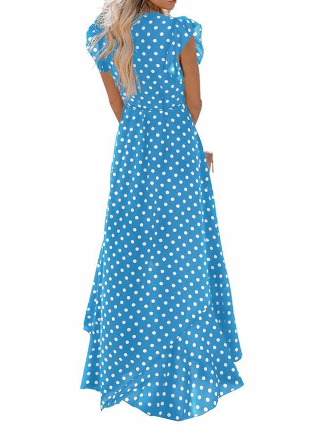 GRECERELLE Women's Summer Floral Print Cross V Neck Dress Bohemian Flowy Long Maxi Dresses PD-Light Blue-Medium, 07 Polka Dots-light Blue, M - Image 2