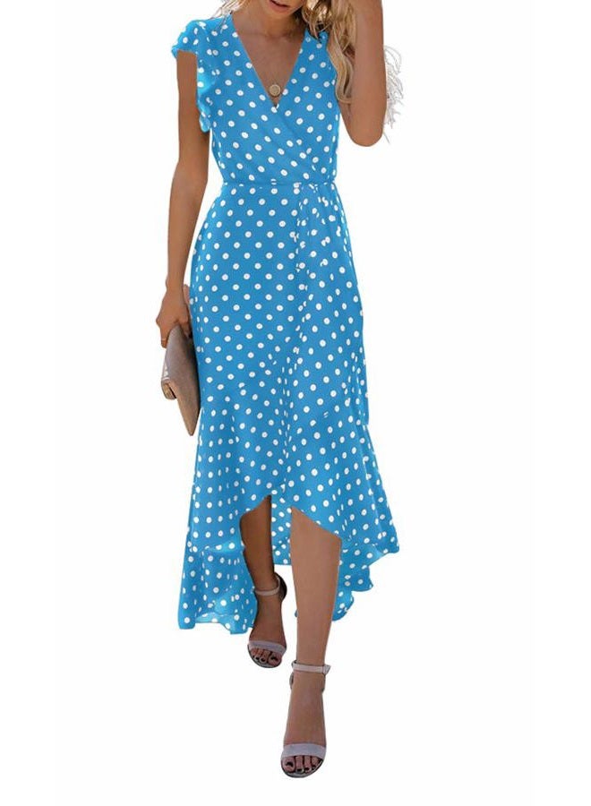 GRECERELLE Women's Summer Floral Print Cross V Neck Dress Bohemian Flowy Long Maxi Dresses PD-Light Blue-Medium, 07 Polka Dots-light Blue, M - Image 1