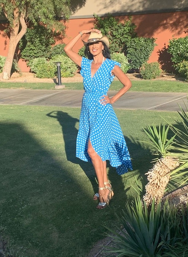GRECERELLE Women's Summer Floral Print Cross V Neck Dress Bohemian Flowy Long Maxi Dresses PD-Light Blue-Medium, 07 Polka Dots-light Blue, M - Image 3