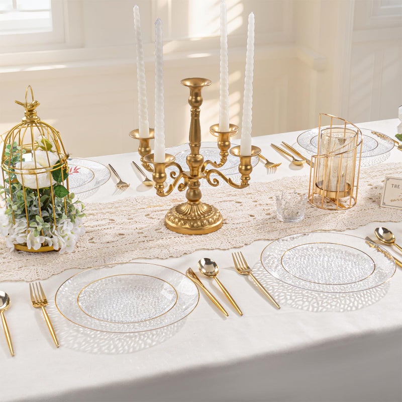 SUT 100Pcs Clear Plastic Plates, Hammered Plates Disposable Heavy Duty, Clear Disposable Plates With Gold Rim, Fancy Plastic plates Include 50 Dinner plate and 50 Dessert plate for Wedding - Image 5