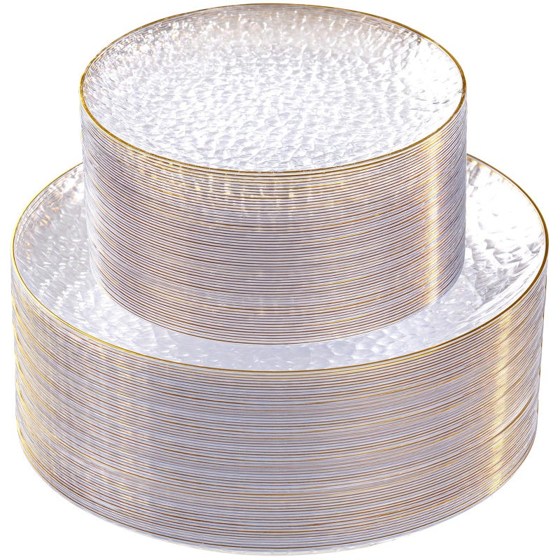 SUT 100Pcs Clear Plastic Plates, Hammered Plates Disposable Heavy Duty, Clear Disposable Plates With Gold Rim, Fancy Plastic plates Include 50 Dinner plate and 50 Dessert plate for Wedding - Image 1