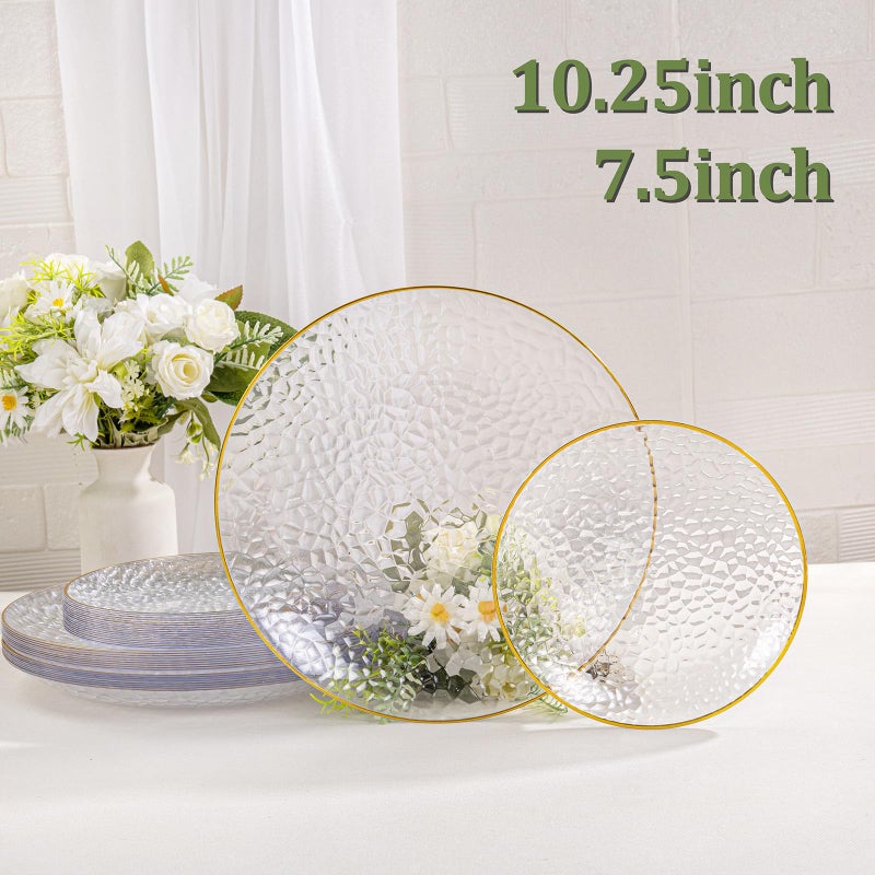 SUT 100Pcs Clear Plastic Plates, Hammered Plates Disposable Heavy Duty, Clear Disposable Plates With Gold Rim, Fancy Plastic plates Include 50 Dinner plate and 50 Dessert plate for Wedding - Image 2