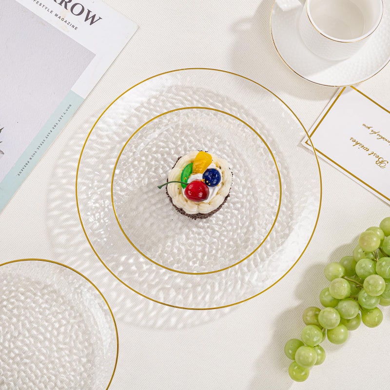 SUT 100Pcs Clear Plastic Plates, Hammered Plates Disposable Heavy Duty, Clear Disposable Plates With Gold Rim, Fancy Plastic plates Include 50 Dinner plate and 50 Dessert plate for Wedding - Image 4