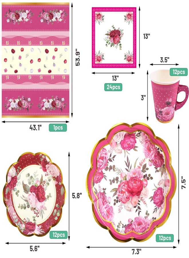 WorldBazaar Worldbazzar Tea Party Supplies Floral Party Dinnerware 12 Set Disposable Paper Tea Cups Plates Napkins Tablecloth Birthday Decorations Women Adults Kids - Image 3