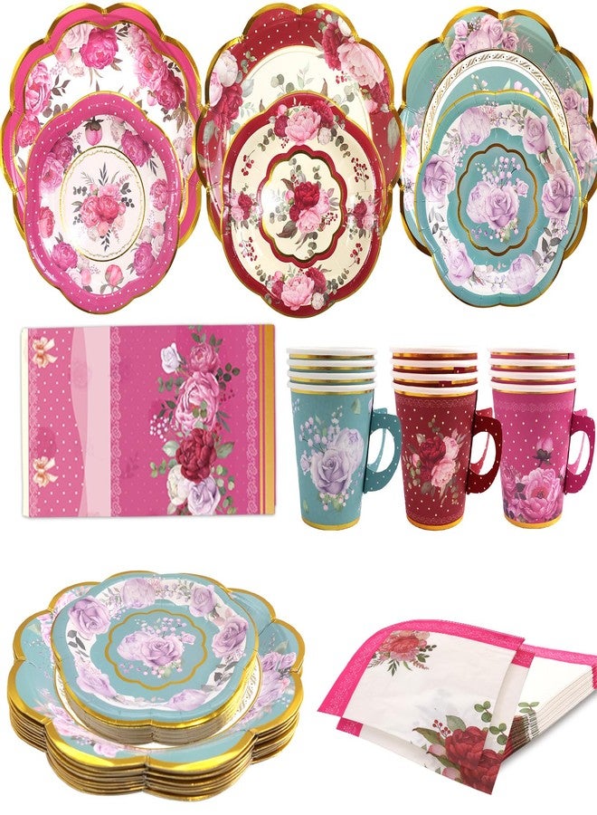 WorldBazaar Worldbazzar Tea Party Supplies Floral Party Dinnerware 12 Set Disposable Paper Tea Cups Plates Napkins Tablecloth Birthday Decorations Women Adults Kids - Image 4