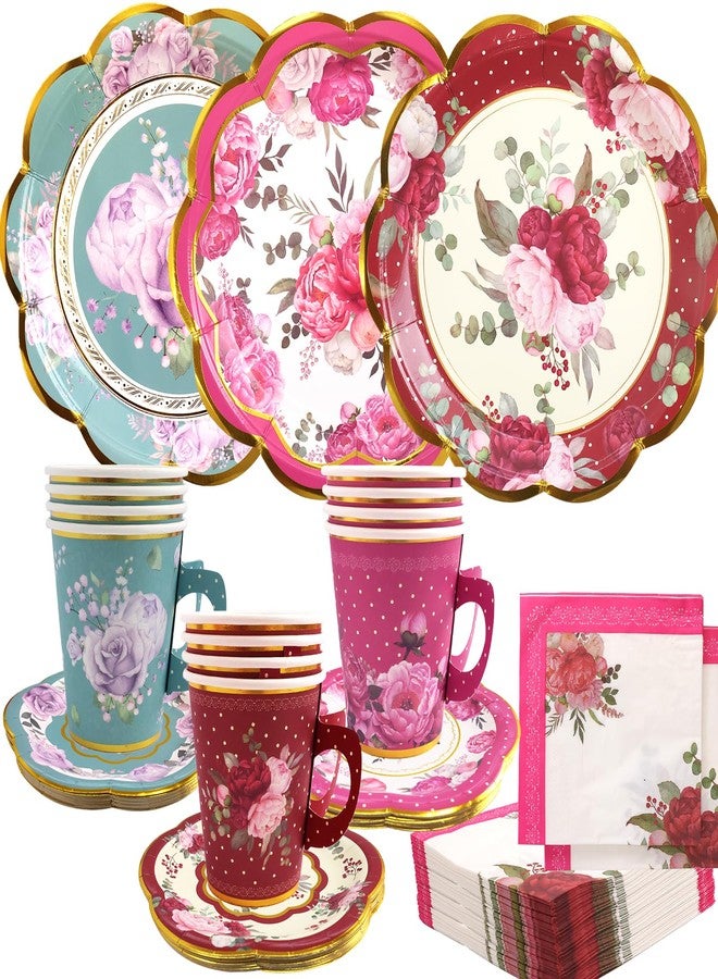 WorldBazaar Worldbazzar Tea Party Supplies Floral Party Dinnerware 12 Set Disposable Paper Tea Cups Plates Napkins Tablecloth Birthday Decorations Women Adults Kids - Image 2