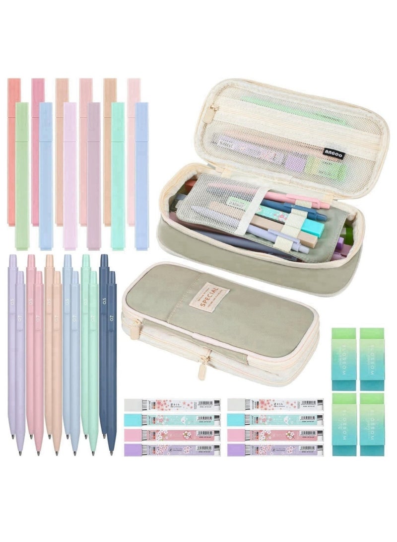 37 Pcs School Supplies,Stationary Set Pencil Case Bag with 12 Pcs 0.5 mm/ 0.7 mm Mechanical Pencil 4 Pcs Erasers 8 Tubes Pencil Refills 12 Pcs Cute Highlighters,Back to School Gifts