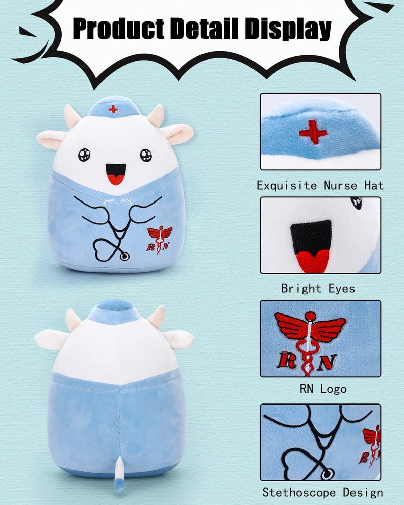 refavor Nurse Cow Stuffed Animal, 8 Inches Navy Cow Thank You Nurse Week Graduation Plush Toy Nurse Gifts for Women, RN Plush Stuffed Animals Students Nursing Soft Plushies Gift(Bell) - Image 2