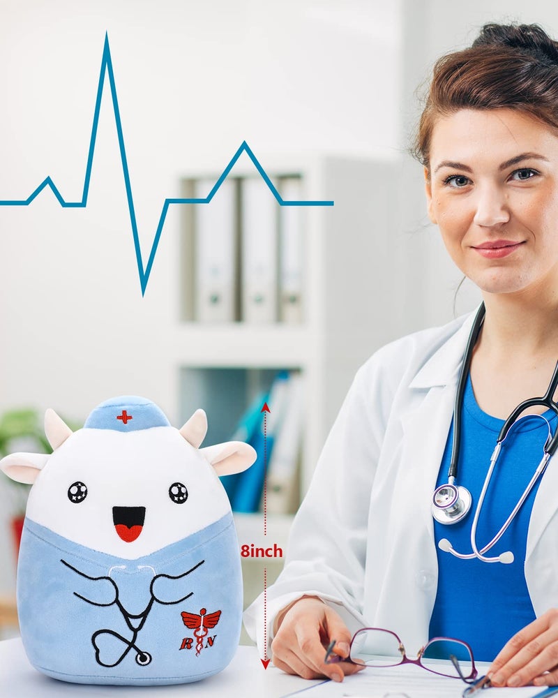 refavor Nurse Cow Stuffed Animal, 8 Inches Navy Cow Thank You Nurse Week Graduation Plush Toy Nurse Gifts for Women, RN Plush Stuffed Animals Students Nursing Soft Plushies Gift(Bell) - Image 3
