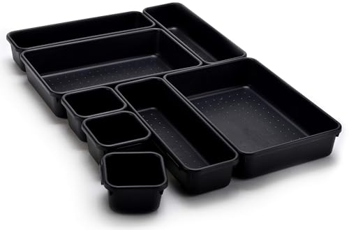 Masirs Interlocking Drawer Organizer Bins, Durable Plastic, Various Sizes for Custom Layout Design, Great for Desk Drawer, Tool Box or Garage Organization, (Black | 8-Piece Set) - Image 1