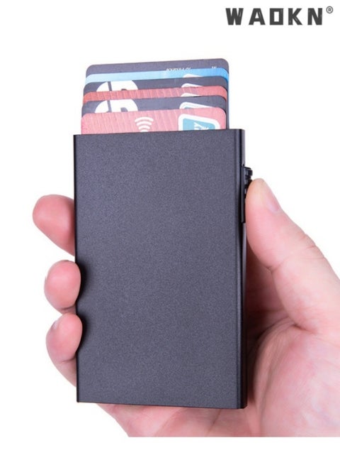 Credit Card Holder Blocking Minimalist Slim Metal Case for Men Women, Automatic Pop-up Card Side Push Card Sleeve PU Metal Aluminum Shell RFID Card Sleeve with Multi Capacity Storage Black