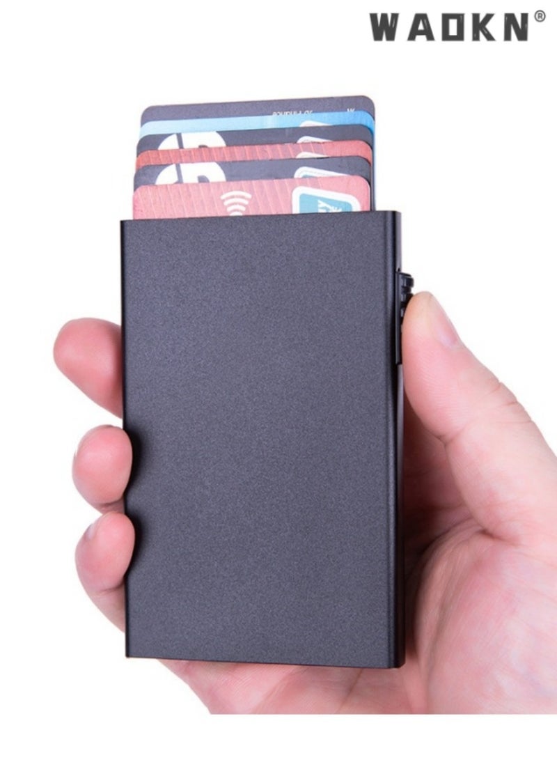 WAOKN Credit Card Holder Blocking Minimalist Slim Metal Case for Men Women, Automatic Pop-up Card Side Push Card Sleeve PU Metal Aluminum Shell RFID Card Sleeve with Multi Capacity Storage Black  - Image 1