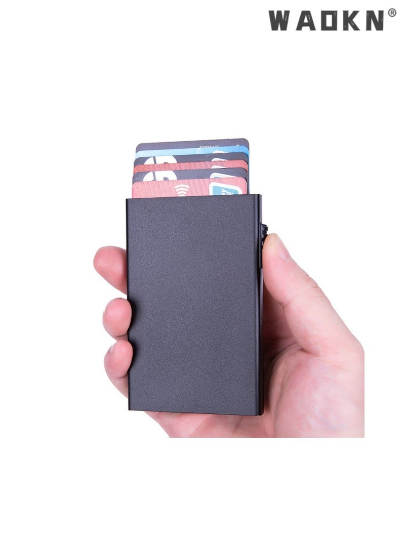 Credit Card Holder Blocking Minimalist Slim Metal Case for Men Women, Automatic Pop-up Card Side Push Card Sleeve PU Metal Aluminum Shell RFID Card Sleeve with Multi Capacity Storage Black