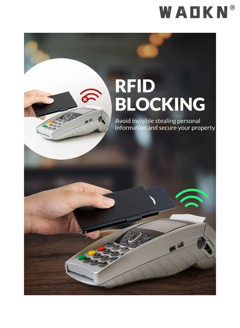 Credit Card Holder Blocking Minimalist Slim Metal Case for Men Women, Automatic Pop-up Card Side Push Card Sleeve PU Metal Aluminum Shell RFID Card Sleeve with Multi Capacity Storage Black