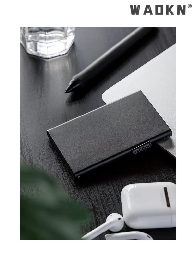 WAOKN Credit Card Holder Blocking Minimalist Slim Metal Case for Men Women, Automatic Pop-up Card Side Push Card Sleeve PU Metal Aluminum Shell RFID Card Sleeve with Multi Capacity Storage Black  - Image 2