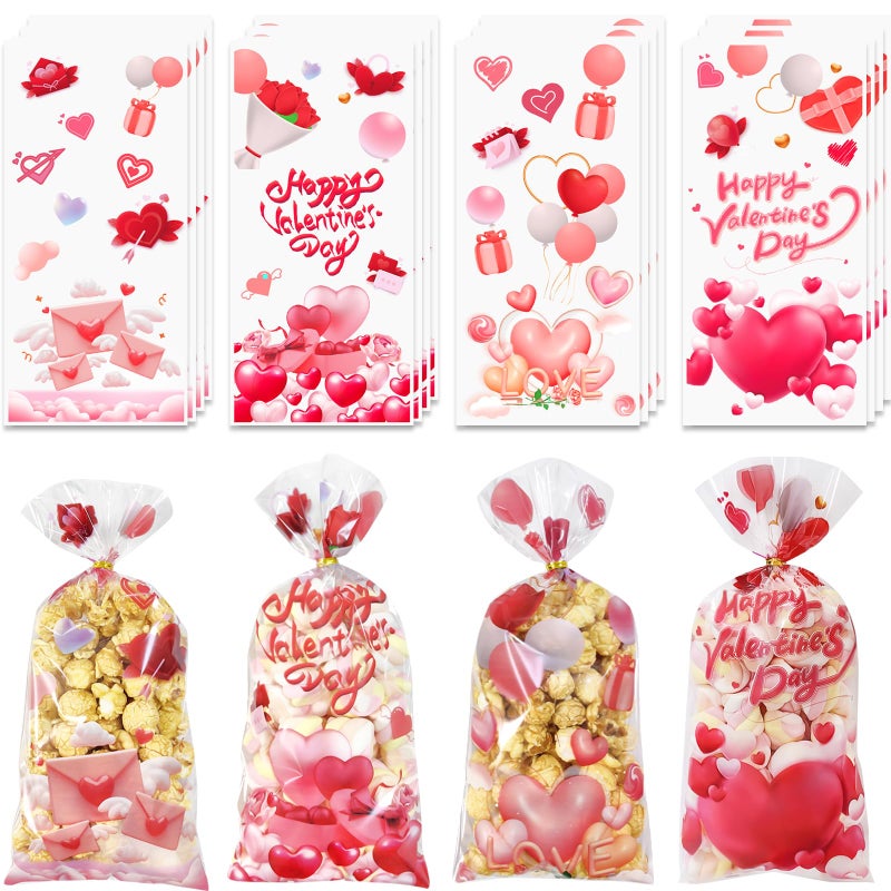 QOIUSO Valentines Goodie Bags  120Pcs Valentines Treat Bags For Candy Goody Snacks Gifts Packing  Valentines Day Cellophane Bags With 135Pcs Twist Ties For Kids Classroom Party Favors - 4 Lovely Style - Image 1