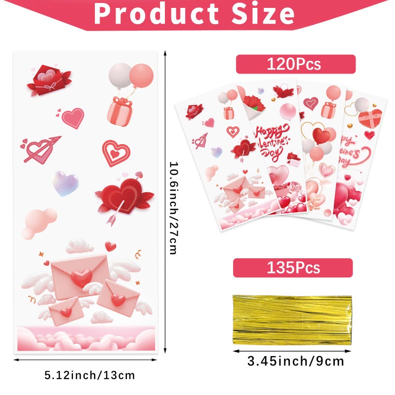 QOIUSO Valentines Goodie Bags  120Pcs Valentines Treat Bags For Candy Goody Snacks Gifts Packing  Valentines Day Cellophane Bags With 135Pcs Twist Ties For Kids Classroom Party Favors - 4 Lovely Style - Image 2