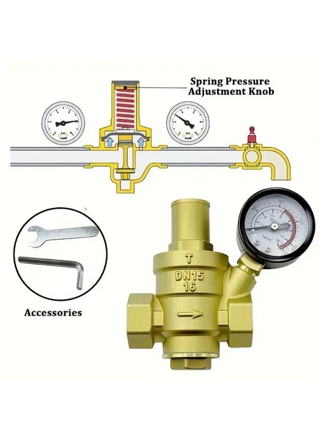 منظم ضغط مياه من النحاس مع مقياس DN15 G1/2 مقاوم للصدأ وسهل الضبط - Image 2