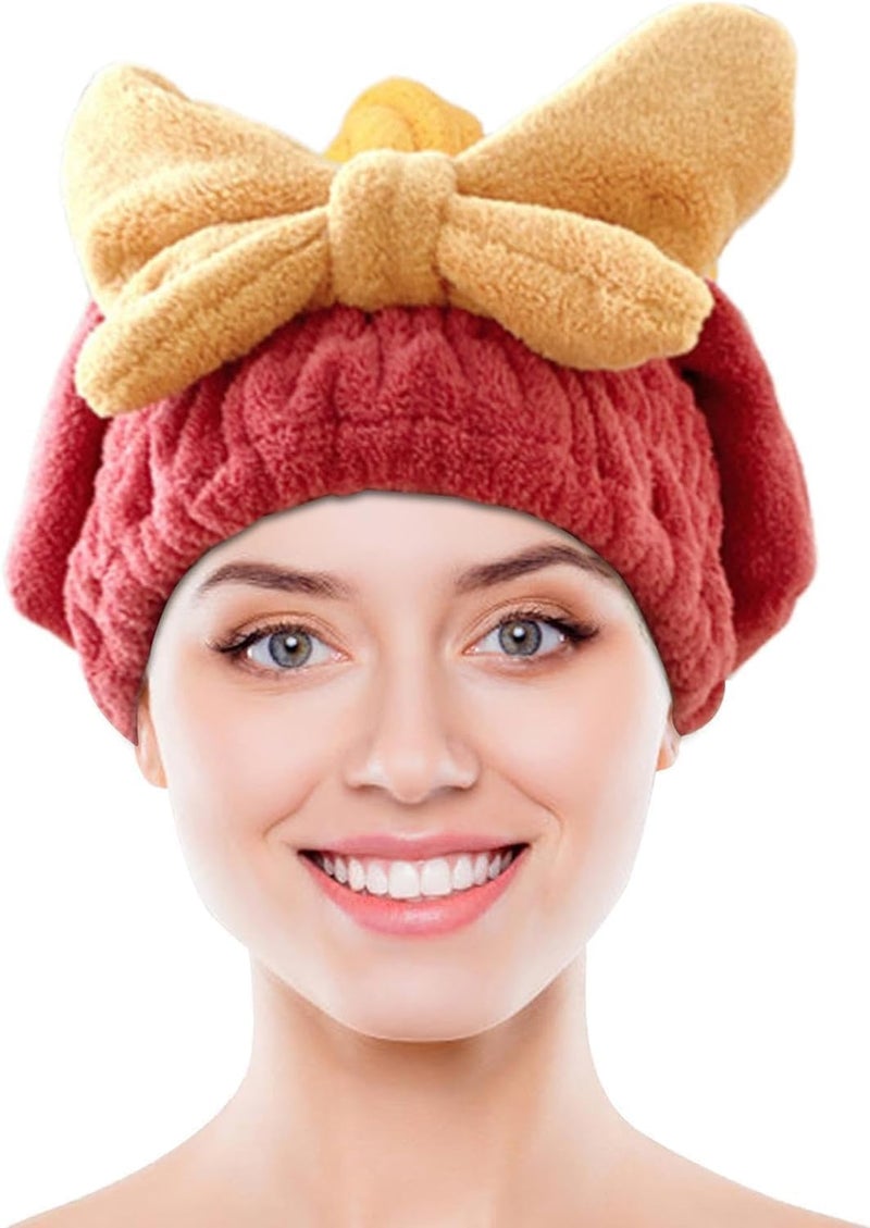 Cozron Cozron Super Absorbent Hair Towel Wrap for Wet Hair Fast Drying Microfiber Hair Drying Towel Cap with BowKnot Microfiber Hair Towel Wrap for Women Red - Image 5