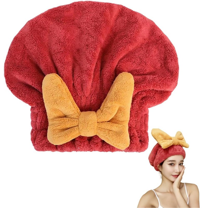 Cozron Cozron Super Absorbent Hair Towel Wrap for Wet Hair Fast Drying Microfiber Hair Drying Towel Cap with BowKnot Microfiber Hair Towel Wrap for Women Red - Image 1