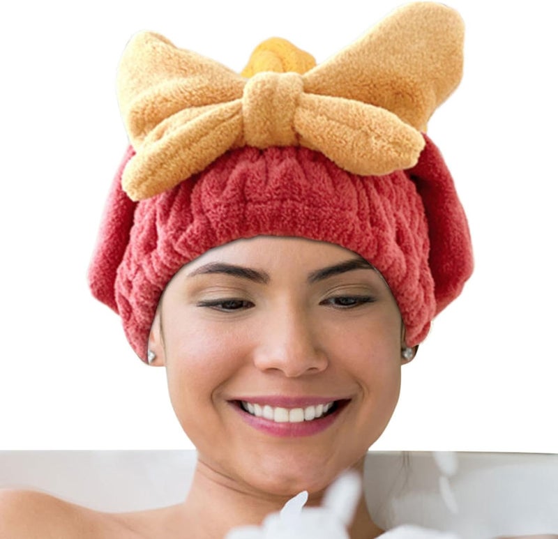 Cozron Cozron Super Absorbent Hair Towel Wrap for Wet Hair Fast Drying Microfiber Hair Drying Towel Cap with BowKnot Microfiber Hair Towel Wrap for Women Red - Image 2