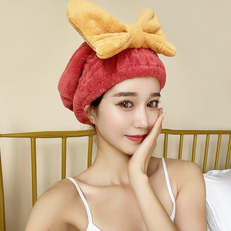 Cozron Cozron Super Absorbent Hair Towel Wrap for Wet Hair Fast Drying Microfiber Hair Drying Towel Cap with BowKnot Microfiber Hair Towel Wrap for Women Red - Image 4