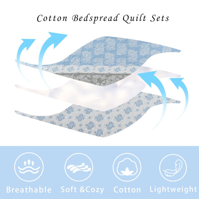 AJOCCI Cotton Quilts Queen Size, Blue Comforter Set, Farmhouse Striped Bedspreads Queen Size,Bohemian Bedding Comforter Sets,All Seasons 3 Pieces - Image 4