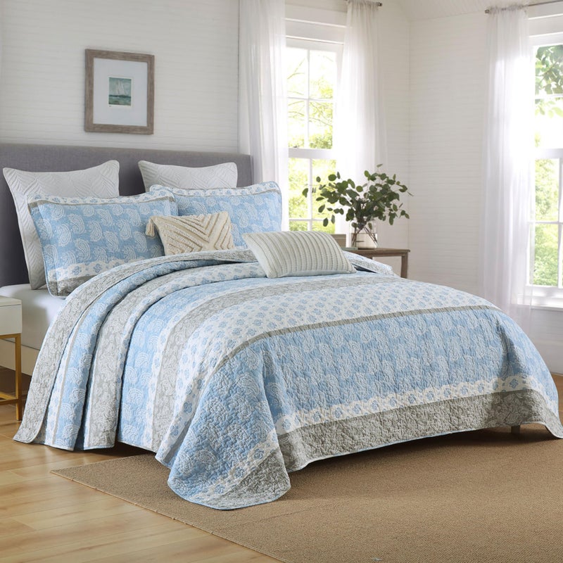 AJOCCI Cotton Quilts Queen Size, Blue Comforter Set, Farmhouse Striped Bedspreads Queen Size,Bohemian Bedding Comforter Sets,All Seasons 3 Pieces - Image 2