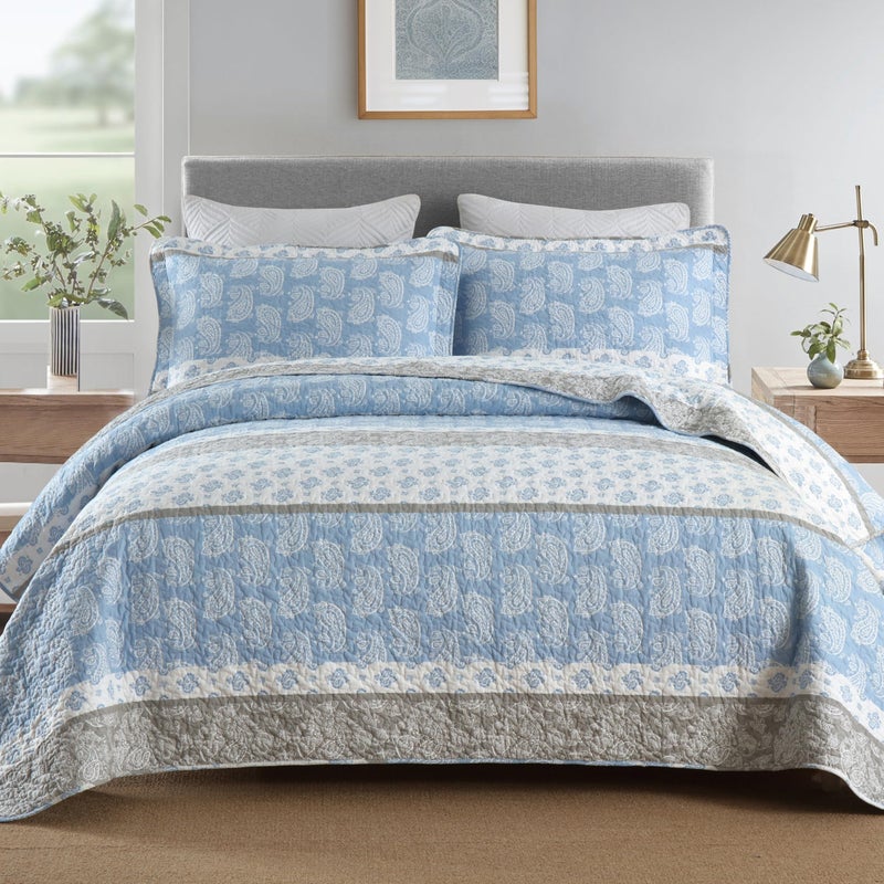 AJOCCI Cotton Quilts Queen Size, Blue Comforter Set, Farmhouse Striped Bedspreads Queen Size,Bohemian Bedding Comforter Sets,All Seasons 3 Pieces - Image 1