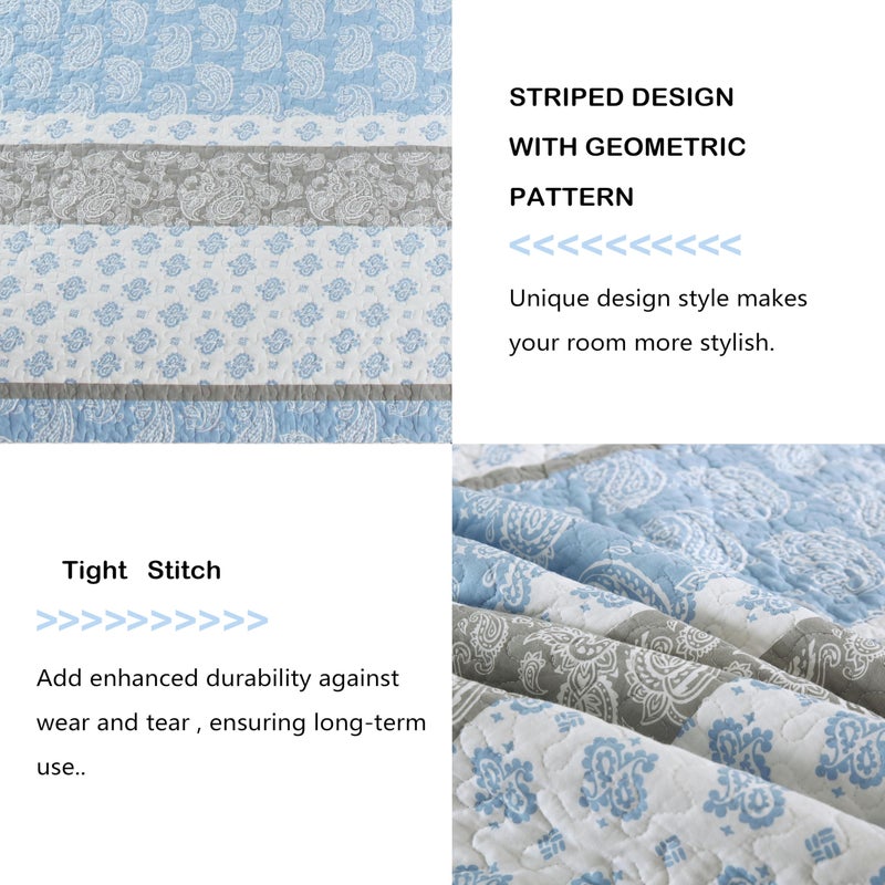 AJOCCI Cotton Quilts Queen Size, Blue Comforter Set, Farmhouse Striped Bedspreads Queen Size,Bohemian Bedding Comforter Sets,All Seasons 3 Pieces - Image 5