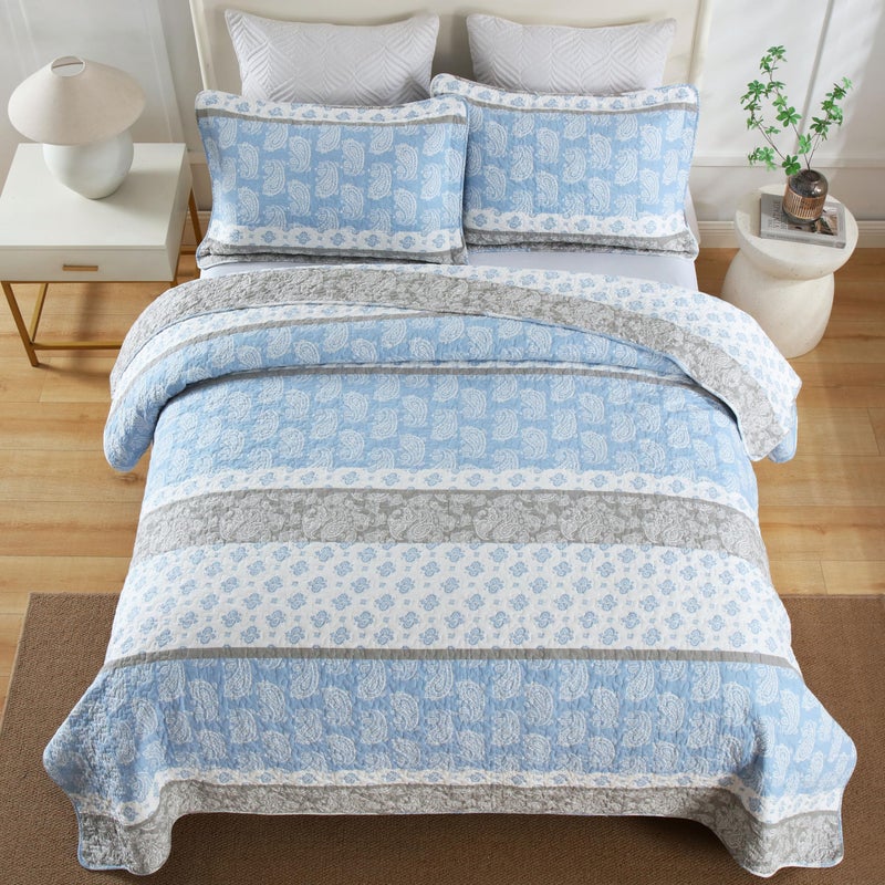 AJOCCI Cotton Quilts Queen Size, Blue Comforter Set, Farmhouse Striped Bedspreads Queen Size,Bohemian Bedding Comforter Sets,All Seasons 3 Pieces - Image 3