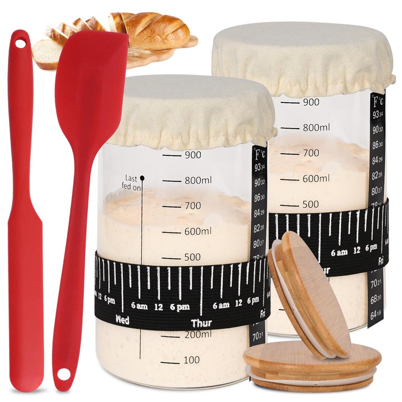 Xileanalee Pro Sourdough Starter Jar Kit 2 Packs35 Oz Sourdough Bread Starter Jar Kit with Date Marked Feeding BandThermometerSpatulaCloth Cover Lid for Sour Dough Bread Loaf 2 Pcs - Image 3