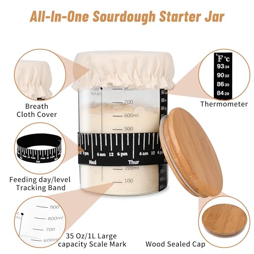 Xileanalee Pro Sourdough Starter Jar Kit 2 Packs35 Oz Sourdough Bread Starter Jar Kit with Date Marked Feeding BandThermometerSpatulaCloth Cover Lid for Sour Dough Bread Loaf 2 Pcs - Image 5
