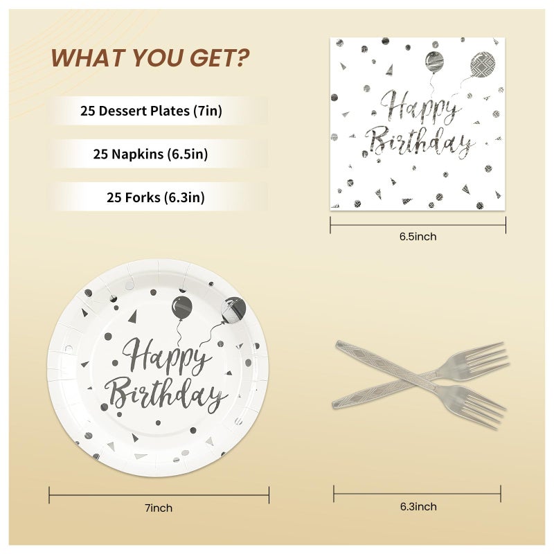 PUEVENYI 75PCS Happy Birthday Paper Plates - 7 Inch White Sliver Dot Paper Plates and 6.5 Inch Napkins with 6.3 Inch Sliver Forks Disposable Tableware Set for Birthday Party Decorations  Serve 25 - Image 2