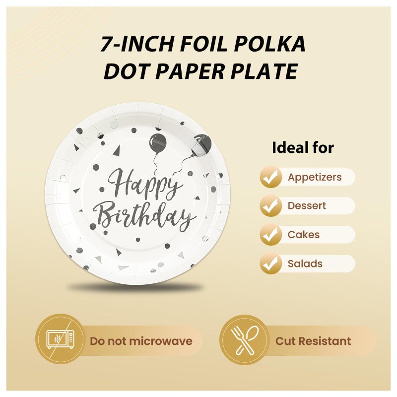 PUEVENYI 75PCS Happy Birthday Paper Plates - 7 Inch White Sliver Dot Paper Plates and 6.5 Inch Napkins with 6.3 Inch Sliver Forks Disposable Tableware Set for Birthday Party Decorations  Serve 25 - Image 3
