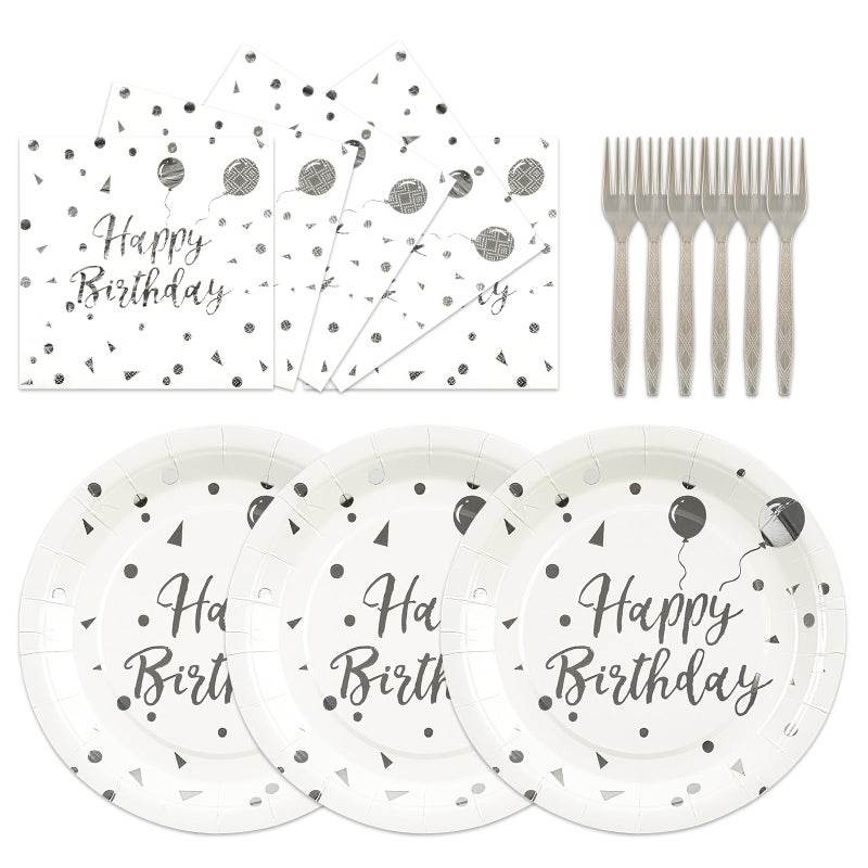 PUEVENYI 75PCS Happy Birthday Paper Plates - 7 Inch White Sliver Dot Paper Plates and 6.5 Inch Napkins with 6.3 Inch Sliver Forks Disposable Tableware Set for Birthday Party Decorations  Serve 25 - Image 1