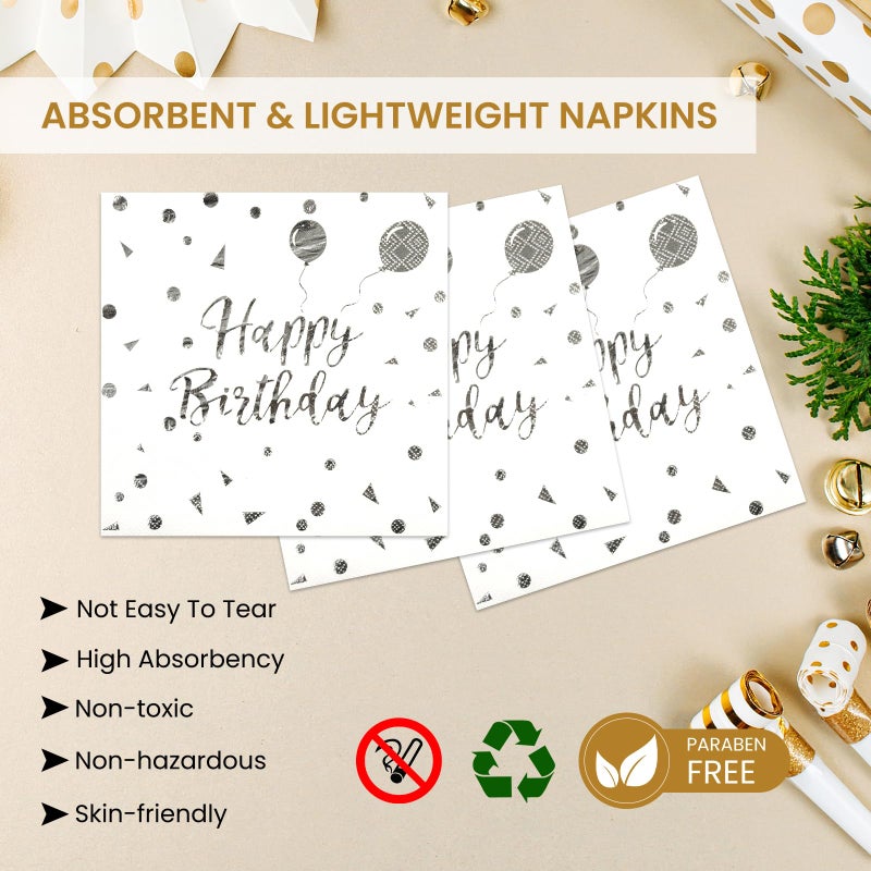 PUEVENYI 75PCS Happy Birthday Paper Plates - 7 Inch White Sliver Dot Paper Plates and 6.5 Inch Napkins with 6.3 Inch Sliver Forks Disposable Tableware Set for Birthday Party Decorations  Serve 25 - Image 4