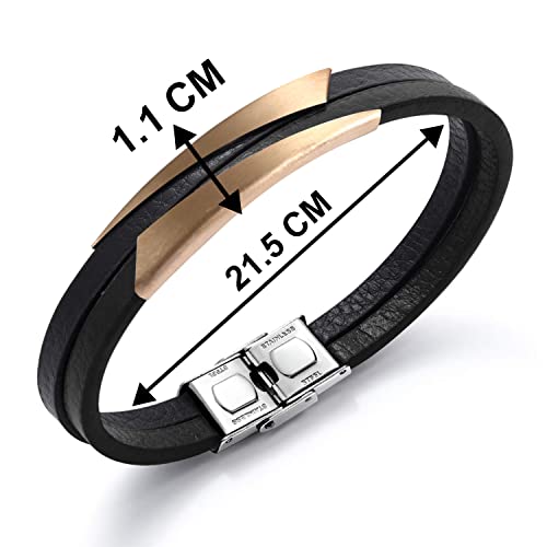 Peora Black Leather Silver & Rose Gold Bracelet Set Stylish Gift for Men - Image 4