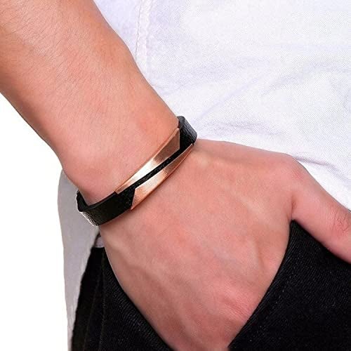 Peora Black Leather Silver & Rose Gold Bracelet Set Stylish Gift for Men - Image 2