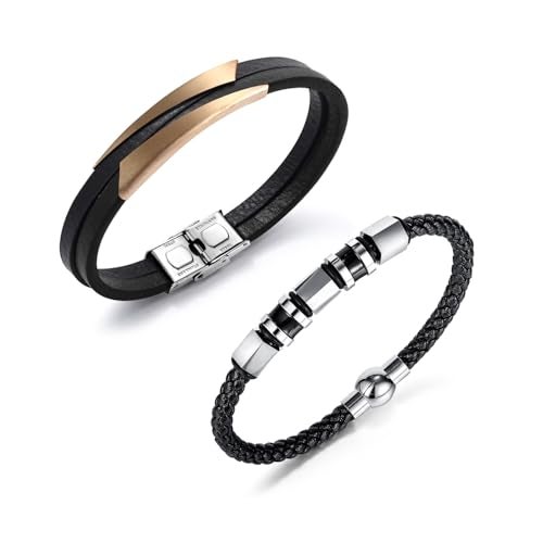 Peora Black Leather Silver & Rose Gold Bracelet Set Stylish Gift for Men - Image 1