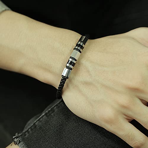 Peora Black Leather Silver & Rose Gold Bracelet Set Stylish Gift for Men - Image 3